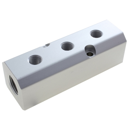 ADVANCED TECHNOLOGY PRODUCTS Manifold, Aluminum, Rectangle, 3 Port, 1/2" FPT x 1/4" FPT MLA-3